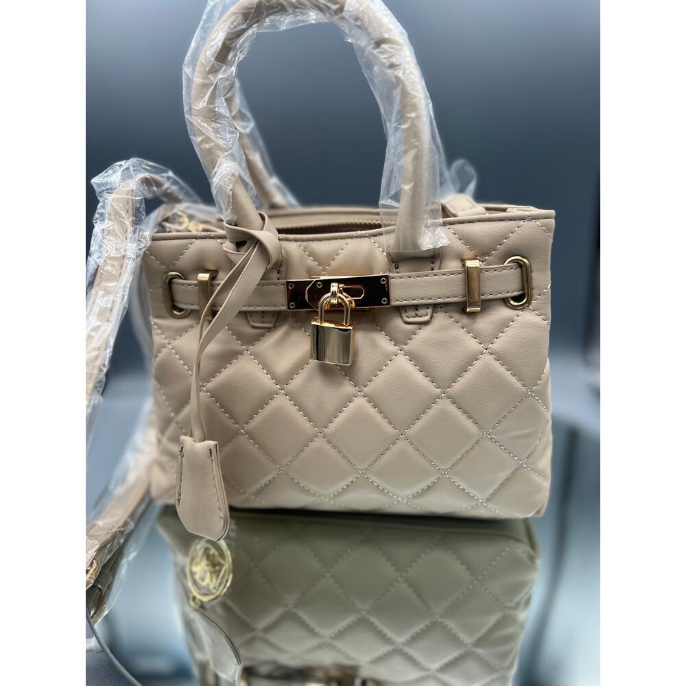 Badgley Mischka diamond quilted 2-way vegan leather tote bag in a taupe